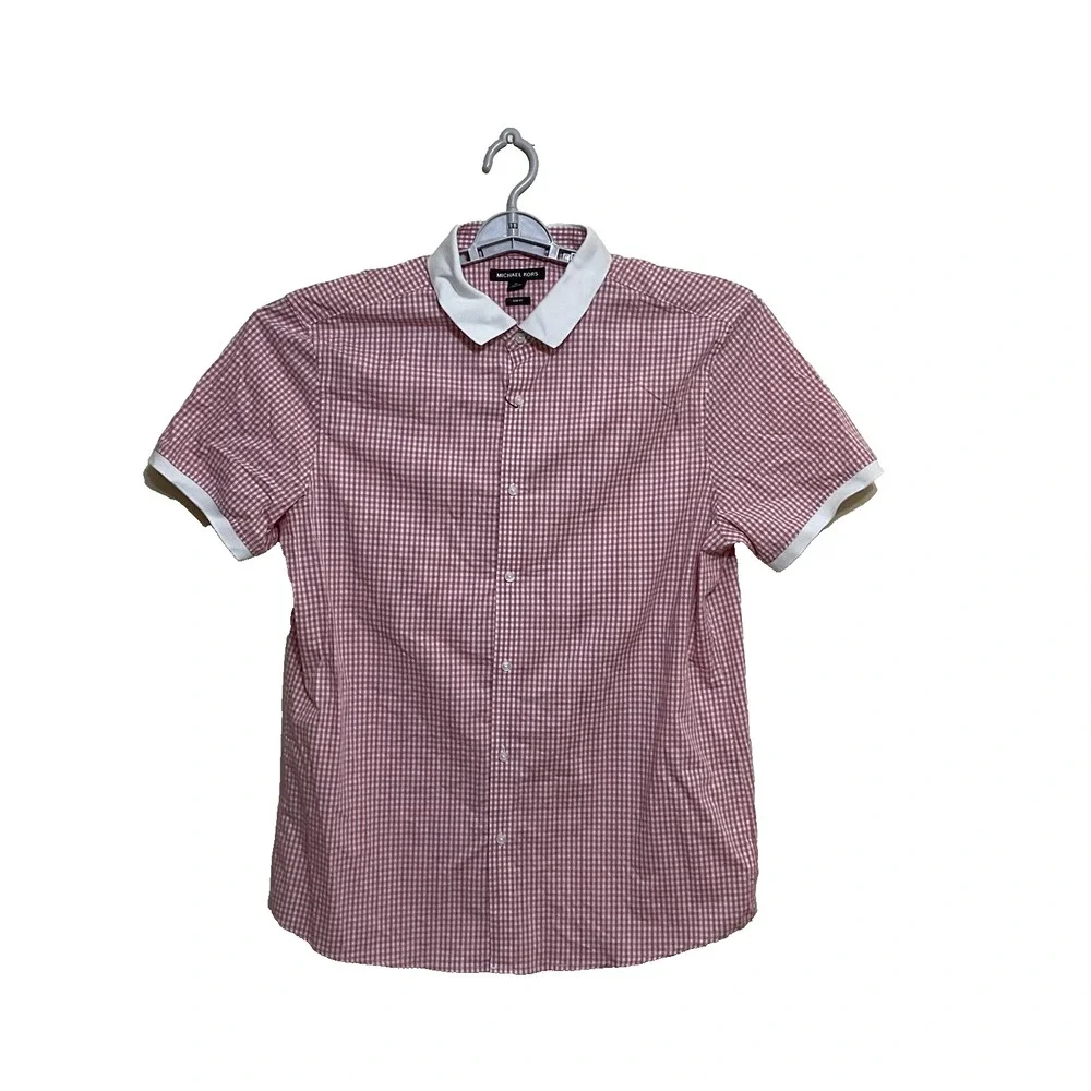 Michael Kors Slim Fit stretch short sleeved  plaid red ‎ white Women's blouse XL